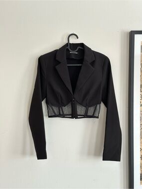 Cropped Black Blazer with Sheer Paneling